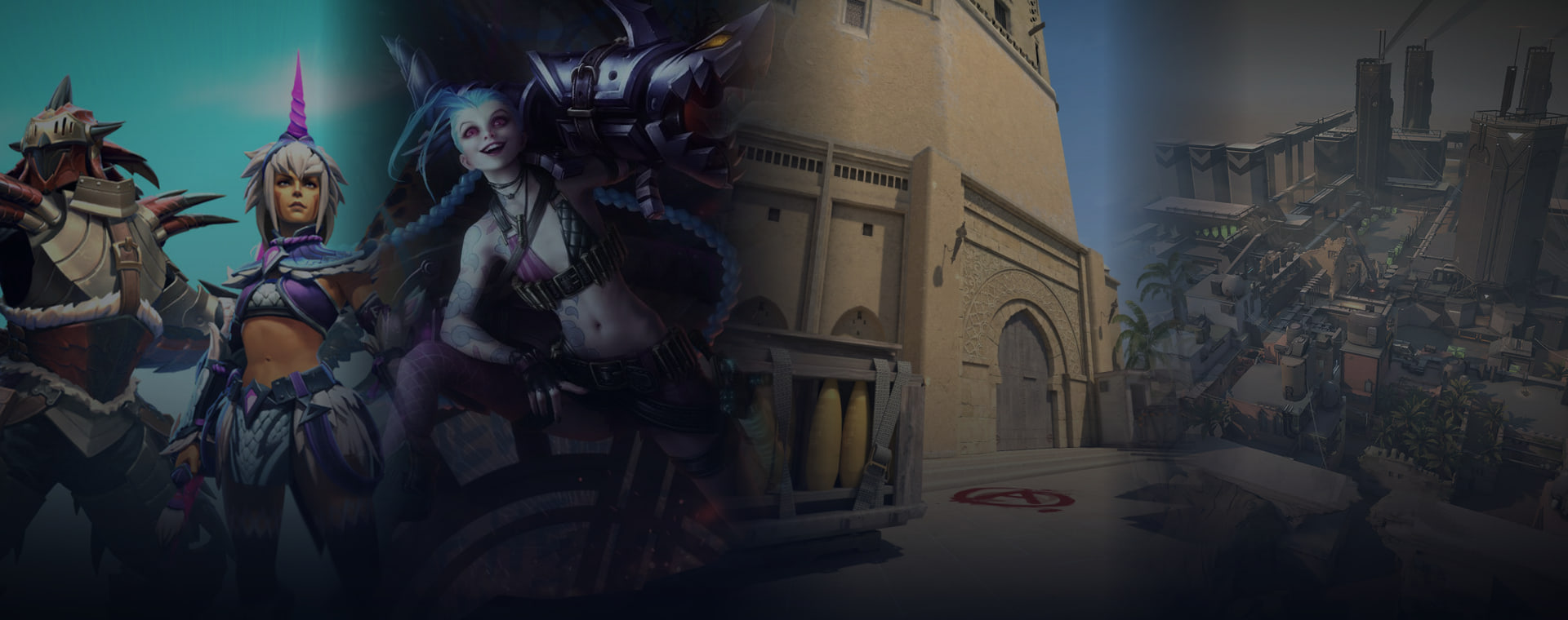 Arte de Dota 2, League of Legends, CS2 y Valorant compuesto en una pieza panorámica